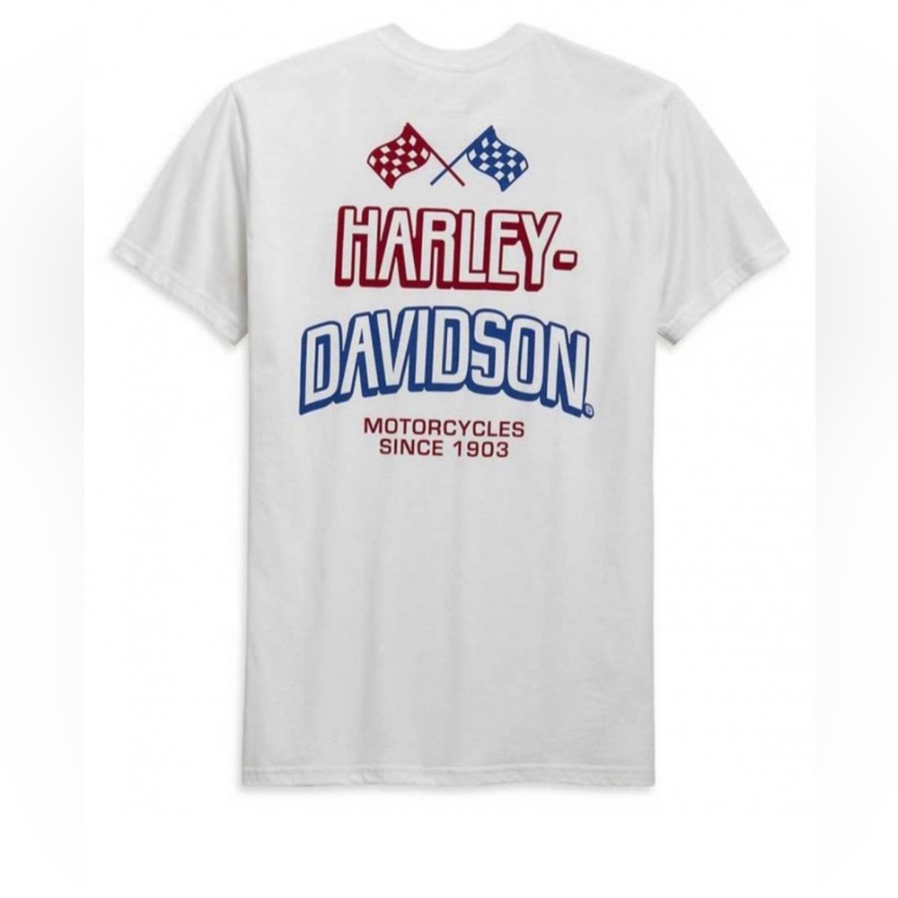 Harley-Davidson White Tee with Red and Blue Graphics